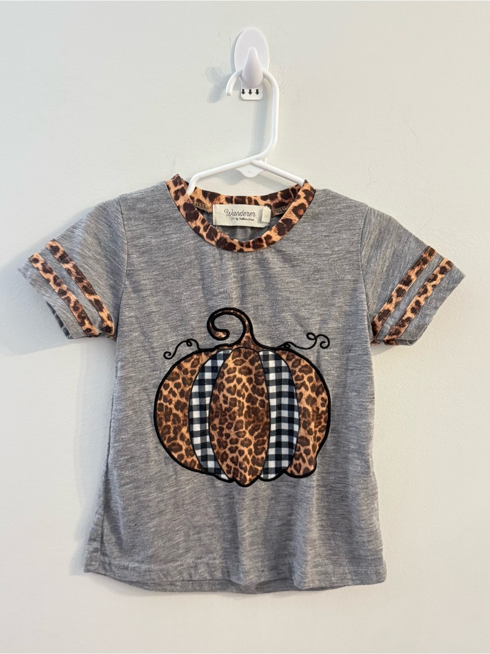 Wanderer by Southern Grace Gray Tee T-Shirt Leopard & Buffalo Plaid Pumpkin 2-3T